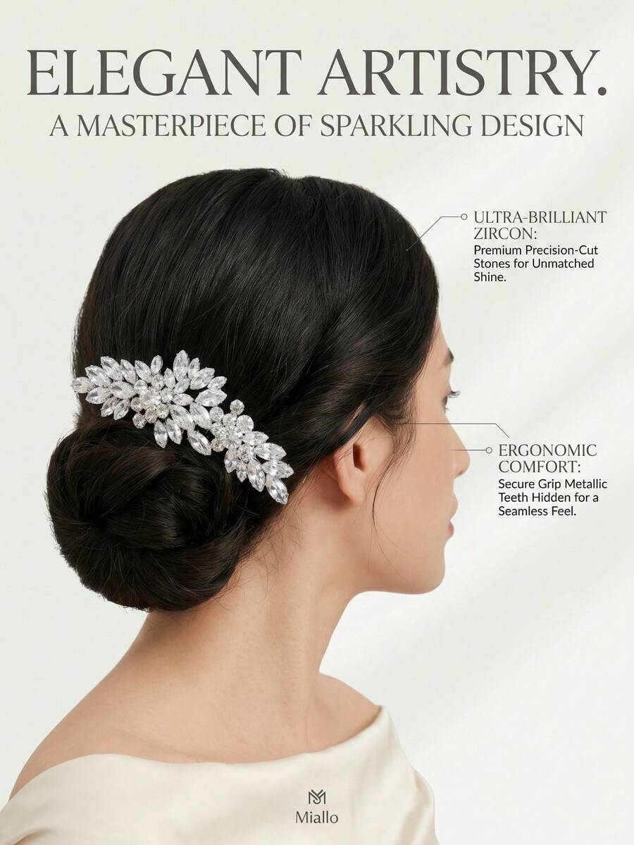 1pc Rhinestone Leaf Hair Comb, Crystal Embellished Bridal Hairpiece, Silver Tone Wedding Hair Accessory For Women