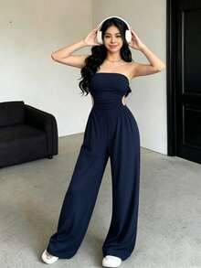 Women's Off-The-Shoulder And Open-Back Jumpsuit For Summer - Black - View 2