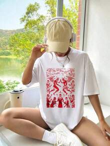 Women's 100% Cotton Crew Neck Short-Sleeve T-Shirt With A Relaxed Fit, Perfect For Everyday Summer Wear. This Fitted Crew Neck T-Shirt Features A Loose-Fitting Print Of Demonic Figures And Red Angels, A Crew Neck, And Short Sleeves, Making It A Casual Everyday Top. Suitable For Daily Wear, Vacations, And Parties. This Pure Cotton Crew Neck Short-Sleeve T-Shirt Is Breathable, Soft, Casual, And A Wardrobe Staple. - 白色 - 查看 7