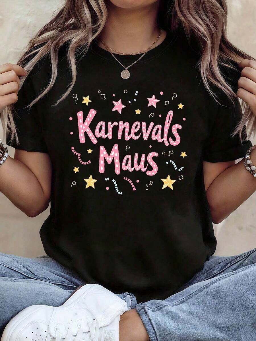 Women's Top German Carnival Mouse Theme T-Shirt For Women - Star And Stripe Decoration And Slogan, Casual Short Sleeve, Festive German Carnival Top Pink-Yellow 2026 - 黑色 - 查看 1