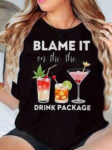 New Arrivals For Summer. Women's Crew Neck T-Shirt With "Blame It On The Drink Package" Cocktail Print, Casual Summer Blouse, Shirt > Beautiful. - 黑色 - 查看 1