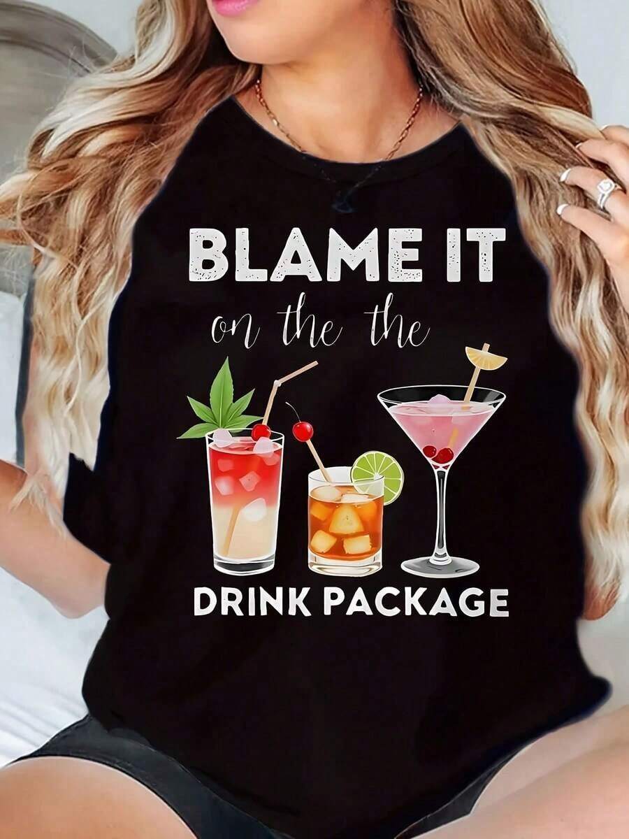 New Arrivals For Summer. Women's Crew Neck T-Shirt With "Blame It On The Drink Package" Cocktail Print, Casual Summer Blouse, Shirt > Beautiful. - 黑色 - 查看 1