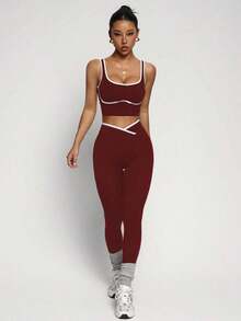 Dewbera Conjunto deportivo de mujer de dos piezas con bloques de color sin costuras, malla de yoga, conjunto de fitness, conjunto de entrenamiento de dos piezas, conjunto activo de dos piezas, conjunto deportivo negro de dos piezas - Burdeos - Ver 4