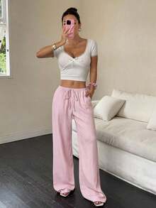 Women's Wide-Leg Pants With Diagonal Pocket, Tie Waist, And Solid-Color Textured Fabric - 粉色 - 查看 7