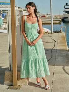 Vestido de tirantes informal de unicolor con bordado hueco para vacaciones de mujer - verde menta - Ver 4