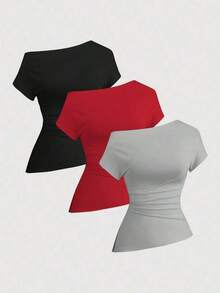 Camiseta casual asimétrica de hombro para mujer - Multicolor 18 - Ver 7
