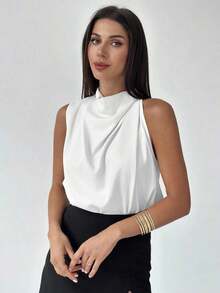 Blusa asimétrica plisada de color albaricoque, elegante y de moda para uso diario, oficina, vacaciones y festivales de música, primavera/verano - Blanco - Ver 3