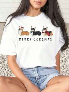 1 Piece Women's T-Shirt With Corgi Dog Print "Merry Corgmas" For Christmas, Casual, Round Neck, Short Sleeve, Soft And Comfortable, 220Gsm180g, 100% Cotton - 白色 - 查看 6