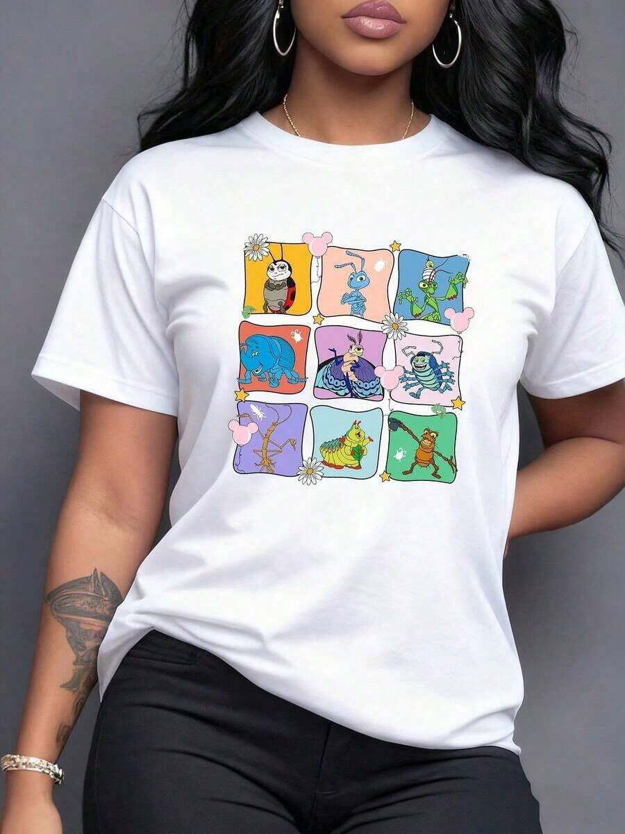 Cartoon Animals Symbolizing Friendship And Joy With Bright Colors And Flowers Represent Fun And Natural Connection. Women's Casual Modern Comfortable T-Shirt For Everyday Wear, Casual Short Sleeve. - 白色 - 查看 1
