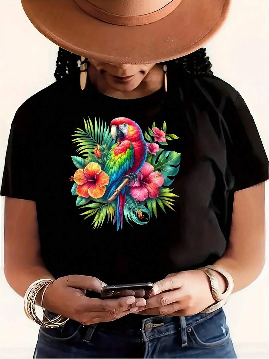 Women's Pure Cotton Short-Sleeved T-Shirt, Versatile And Round Neck, With Insect Print And Middle Eastern Elements, Colorful Bird And Flower Print, Casual Round Neck Style, Elegant And Romantic For Summer, Ideal For Going To Work, Going On Vacation And For Casual Daily Wear. - 黑色 - 查看 1