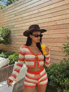 2 piezas Conjunto de top corto y shorts de mujer para verano con bloques de color, rayas y diseño calado. Estilo de vacaciones en la playa, top corto elegante y conjunto de shorts ligeros adecuado para primavera/verano, fiesta en la playa, vacaciones, estilo bohemio, sexy - Naranja - Ver 2