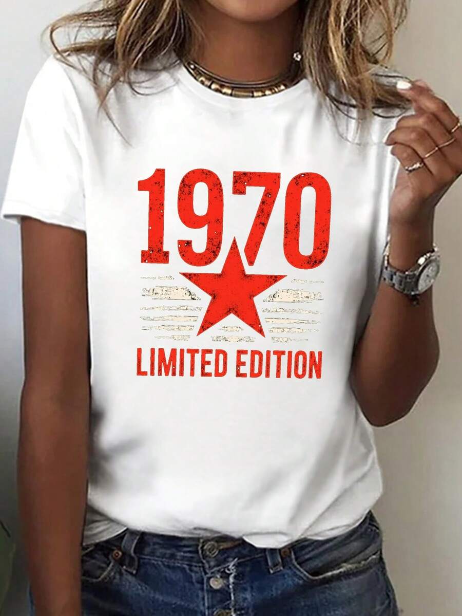 Women's Limited Edition 1970 Star Print T-Shirt - Short Sleeve, Round Neck, Casual Top With 70s Retro Style, Medium Stretch Fabric And Machine Washable - Ideal For Spring And Summer Casual Outfits - 白色 - 查看 1