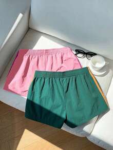 2 piezas Shorts casuales de estilo callejero para mujer con contraste de color en la cinta, shorts de lunares, verano - Multicolor 15 - Ver 2