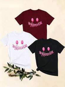 Women's T-Shirts, Women's T-Shirts, Casual One-Piece T-Shirt With  Face And Letter Print, Round Neck, Short Sleeve, Comfortable Top, Modern And Versatile Women's Summer Clothing. - 1件白色隨機圖案 - 查看 1
