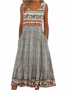 New 2025 Summer! Women's Sleeveless Bohemian Floral Casual MIDI Beach Dress With Flowing Pockets And Loose Fit - 黑色 - 查看 4