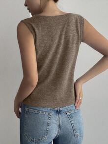 Chaleco de mujer con cuello en V, sin mangas, ajustado, de estilo casual de calle - Caqui - Ver 5