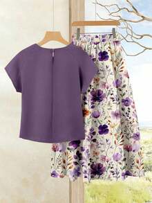 Set de 2 piezas de conjunto de ropa de vacaciones bohemia púrpura para mujer - Blusa casual de verano y falda floral para playa, crucero, festival de música, concierto, invitada de boda, viaje a la ciudad, ropa de isla, evento de música country - Multicolor 9 - Ver 4