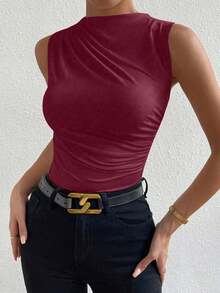 Camiseta sin mangas de corte slim con pliegues de unicolor minimalista para uso diario en verano para mujeres - Burdeos - Ver 6