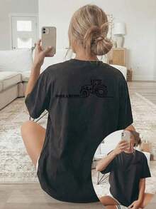 Summer Tops[Double-Sided Print] Women's T-Shirt, Short-Sleeved Round-Neck Casual Top, Featuring A Tractor Graphic With The Text "Thank A Farmer." Mach - 黑色 - 查看 11