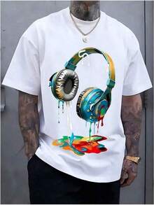 Men's Navy Blue Cotton T-Shirt With Vibrant Headphone Graphic Print – Casual Street Style, Short Sleeve, Crew Neck, Machine Washable, 100% Cotton, Perfect For Summer And Casual Wear, 6YIG Cotton T-Shirts - 白色 - 查看 1