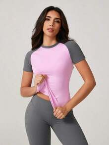 1 pieza Camiseta deportiva de manga corta de ajuste ceñido y minimalista para mujer, ideal para el verano - Rosa - Ver 1
