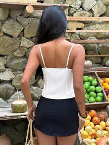 Camiseta ajustada con cuello de encaje negro, estampado de lunares blanco y negro para mujer - Blanco 2 - Ver 2