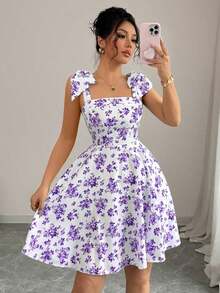 Nuevo vestido de línea A con lazo en el hombro y cintura, estampado floral diminuto, elegante y casual para vacaciones, con silueta favorecedora - Morado - Ver 3