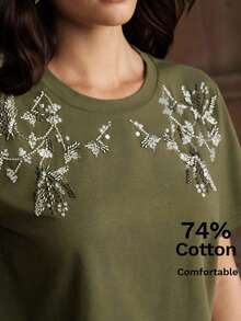 Elegante Blusa Corta de Manga Corta con Bordado de Cuentas 3D, 74% Algodón, para Primavera/Verano - Verde - Ver 4