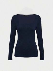 Elegante camiseta básica minimalista vintage casual de uso diario, reversible, de punto con cuello redondo y manga larga para mujer, color negro, para primavera - Azul marino - Ver 4