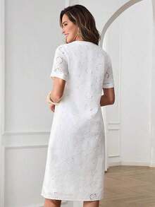 Vestido casual diario de encaje y parches para mujer, primavera y verano - Blanco - Ver 3