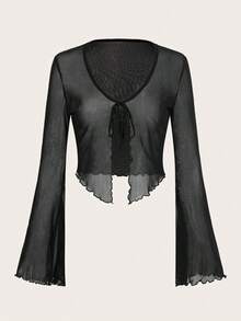 Top de malla con mangas acampanadas, abertura frontal con nudo, y ribete de lechuga.Top casual de mujer de ajuste regular, con cuello en V, mangas acampanadas con volante, y efecto colorblock en negro.Prenda de mujer sencilla para primavera/o - Negro - Ver 5