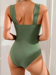 Swim Basics Traje de baño de una pieza con hombros fruncidos de unicolor, estilo minimalista bohemio de festival para mujer - Verde militar - Ver 2
