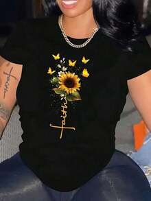 Faith Sunflower Print Summer T-Shirt, Versatile Short Sleeve Crew Neck Blouse For Women. 1 Sexy Casual Sweet Party Elegant Basic Off Shoulder Blouse Beach Night Out Vacation Office Home Garden Everyday Birthday Party Baby Shower Country Music Concert Stage & Summer Performance - 黑色 - 查看 6