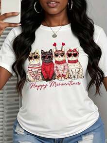 1 Piece Christmas Sweater For Cats "Happy Meowventines" Festive T-Shirt For Women With Adorable Kitten Design Valentine's Day Gift 180g 100% Cotton - 黑色 - 查看 9