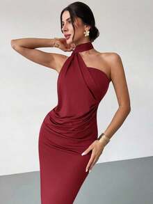 Vestido suelto con mangas acampanadas asimétricas de color marrón moca para mujer, vestido largo de moda, ropa de primavera/verano, adecuado para ir al trabajo, elegante, sexy, vacaciones, playa, estilo bohemio, Hawái, festivales de música, fiestas, atuendo de trabajo - Burdeos - Ver 6