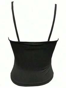 Camiseta de tirantes finos de encaje con bordado y parches de tela jacquard de punto de unicolor elegante y sexy para mujer.Camiseta elegante y casual de vacaciones en color negro - Negro - Ver 5
