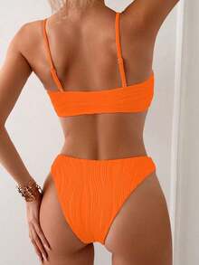 Swim Conjunto de bikini de verano para mujer de unicolor con pliegues y sexy - Naranja - Ver 2