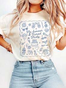 30th Birthday T-Shirt, Summer Birthday Party T-Shirt "I Turned Thirty", Personalized 30th Birthday Gift, Coastal Beach Style Summer T-Shirt, Classic Thick Cotton 100% Cotton Short Sleeve T-Shirt, Plus Size, Graphic Print, Casual Short Sleeve T-Shirt For Women - 白色 - 查看 7