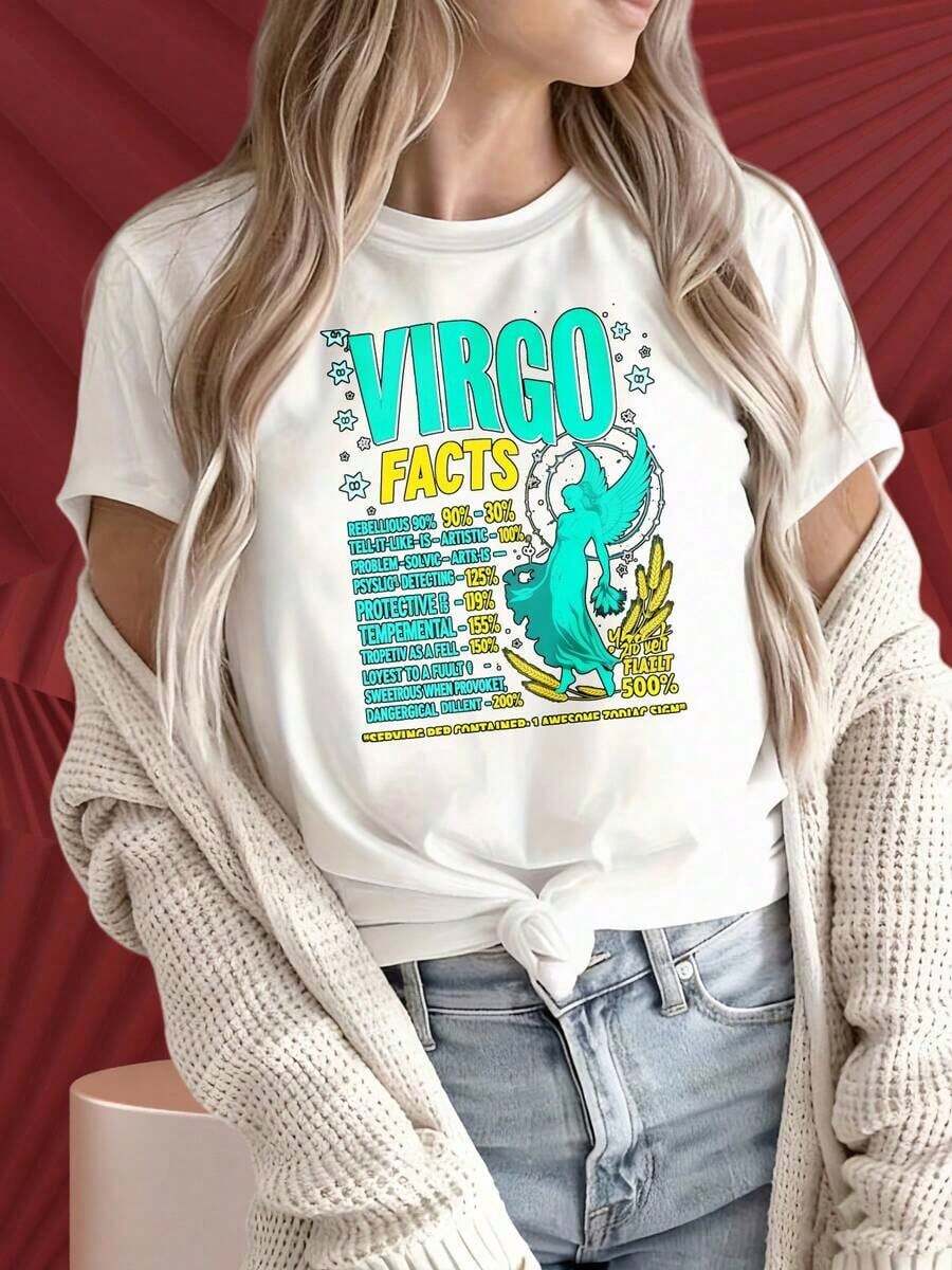 Women's Round Neck Short Sleeve T-Shirt With A Print Of The Virgo Zodiac Sign. Graphic T-Shirt With Astral Personality Traits And Humor. Fun Print Clothing, Suitable For Christmas Parties, Sports Activities, Holiday Parties, Outings And Other Festive Gifts (220g). - 白色的 - 查看 1