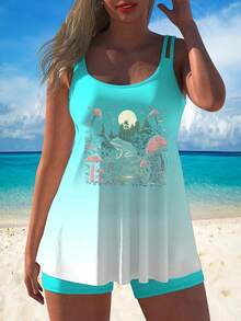 Cottagecore Aesthetic Frog, Moon And Mushrooms Pagan Tankini Swimsuit Funny Swimwear Pool Party Swimsuit Summer Vacation Bathing Suit High Neck Halter Bikini Set 9TYQ - 綠色 - 查看 11