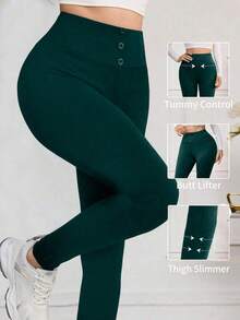 Leggings de cintura alta de unicolor cómodos y casuales para mujer - Verde Oscuro - Ver 9