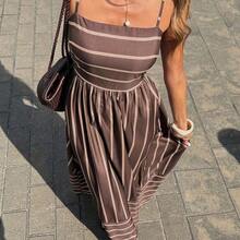 Women's Striped Ruffle Hem Casual Spaghetti Strap Dress,Summer Dresses For Women - Marrón - Ver 11