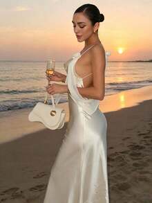 Women's Draped Collar Backless Satin Tie Shoulder Maxi Dress| Elegant Desert Vacation Wedding Guest Evening Party Gown - 白色 - 查看 2