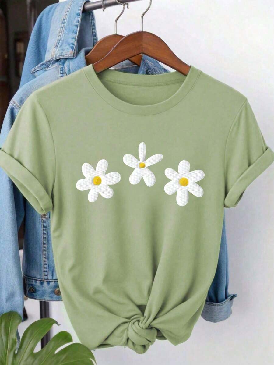 Camiseta de algodón 100% con cuello redondo, manga corta y estampado de perlas falsas, top casual de verano para mujer - verde militar 3 - Ver 1