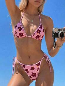 Conjunto de bikini de 2 piezas con estampado floral diminuto y escote halter para vacaciones y playa - Multicolor 3 - Ver 4