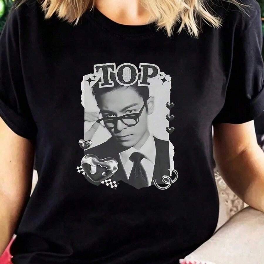 BIGBANGS Member TOP Seung Hyun Vintage Print Loose Fit Casual Womens T-Shirt Perfect Fashionable Holiday Gift - 黑色 - 查看 1