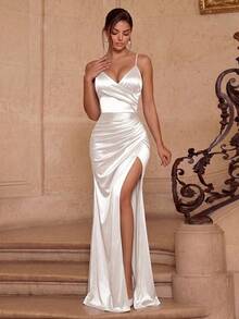 Đầm maxi ôm sát không tay, xếp ly phía trước, xẻ lưng bằng satin, thích hợp cho tiệc tùng và câu lạc bộ. - trắng - Xem 5