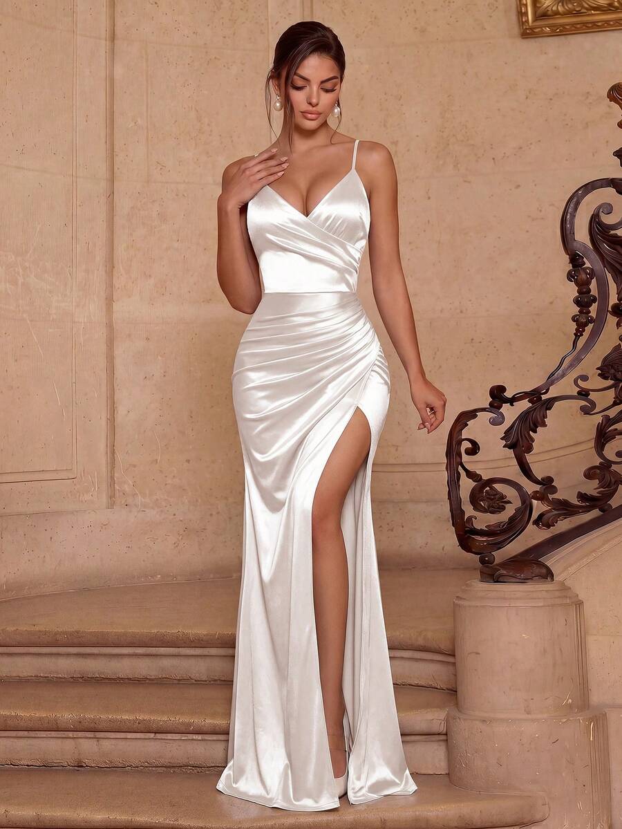 ADYCE Sleeveless Pleated Front Satin Split Back Bodycon Cami Maxi Dress For Party Club - White - View 1