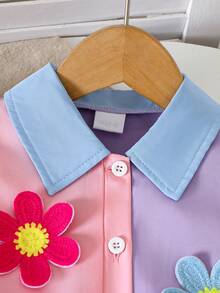 Young Girl Pink & Purple Color Block Shirt Dress, Sleeveless, Light Blue Ruffle Collar, 3D Colorful Floral Decor - Pink and Purple - View 5