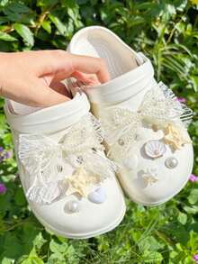 12 pezzi Accessori con fiocco in pizzo bianco, decorazioni a forma di stella marina bianca per scarpe, clip rimovibili per scarpe, fiori decorativi per scarpe fai-da-te, alla moda ed eleganti, adatti per sandali traforati, ciabatte, ottimi come regali per le vacanze - Albicocca - Visualizzare 8
